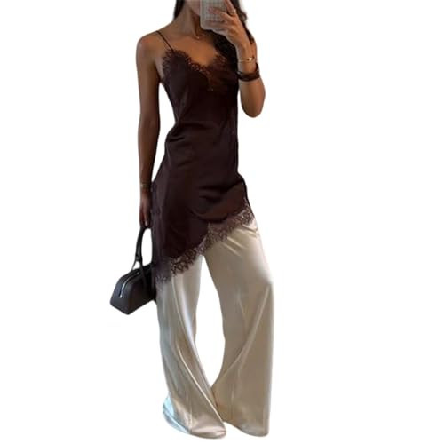 Women Y2k Satin Lace Trim Cami Shirt Spaghetti Strap Side Split Asymmetrical Silky Camisoles Going Out Tops (Coffee, L) | Amazon (US)