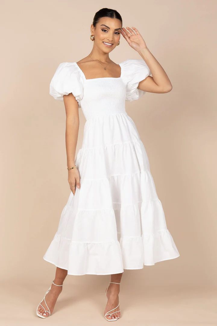 Annette Puff Sleeve Shirred Midi Dress - White | Petal & Pup (US)