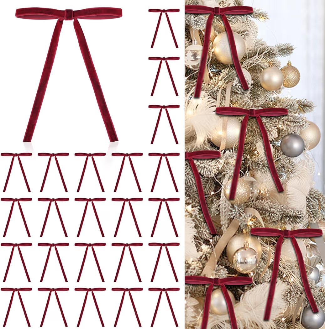 24 Pcs Red Velvet Christmas Ornaments, Rustic Velvet Bows for Christmas Tree, 5x7 Inch Pre-Tied V... | Amazon (US)