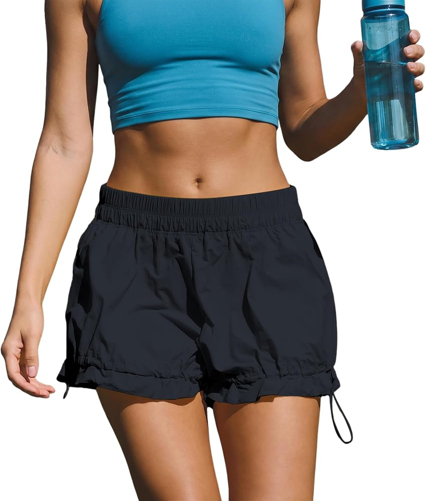 SeeLuNa Athletic Shorts for Women Durable Elastic Mid Rise Drawcord hems Pants Water Proof Nylon Pleated Short with Pockets | Amazon (US)