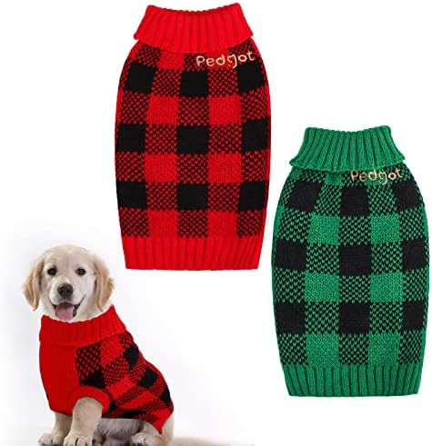 Pedgot 2 Pieces Pet Christmas Sweater Dog Xmas Clothes Vests for Winter Classic Plaid Knitwear fo... | Amazon (US)