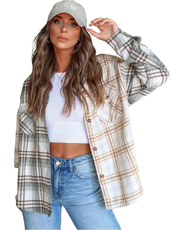 ZAFUL Women's Plaid Long Sleeve Shirt Button Down Thin Jacket Casual Flannel Plaid Shacket with P... | Amazon (US)