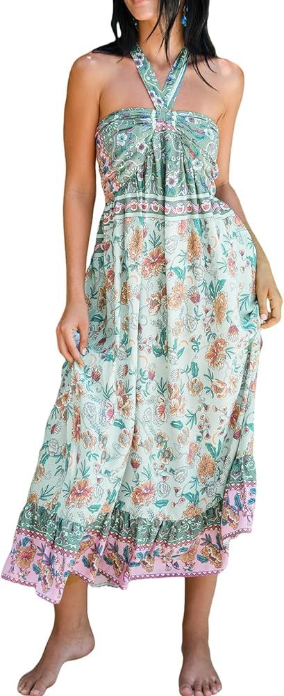 CUPSHE Women's Backless Beach Dress Halter Neck Back Tie Sleeveless Maxi Sundress Summer Dresses | Amazon (US)