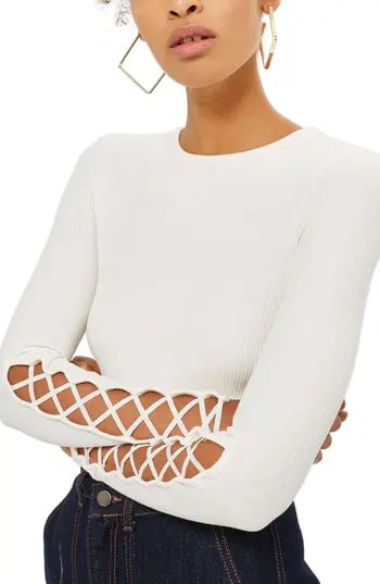 Women's Topshop Lattice Sleeve Ribbed Top, Size 2 US (fits like 0) - Ivory | Nordstrom