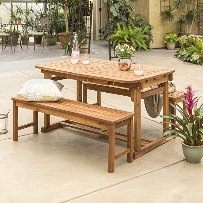 Walker Edison Maui Modern 3 Piece Solid Acacia Wood Slatted Patio Dining Table and Bench Set, Set... | Amazon (US)