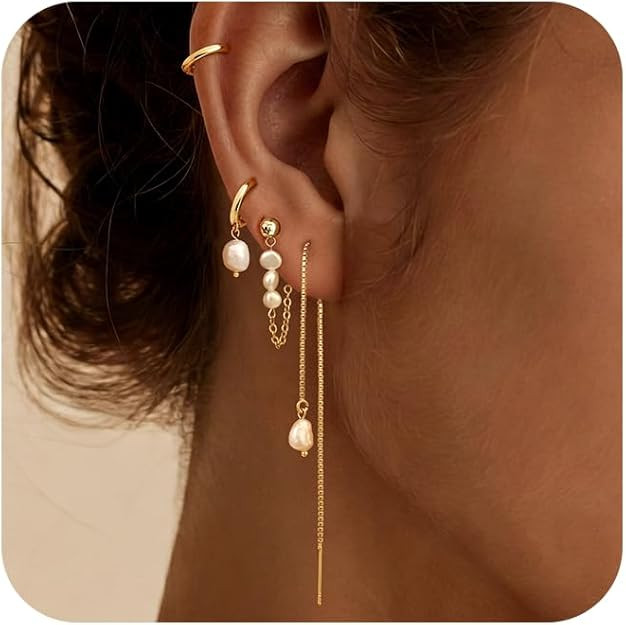 Gold Hoop Earrings for Women, 14K Gold Plated Hypoallergenic Pearl Drop Dangle Huggie Hoop Earrin... | Amazon (US)