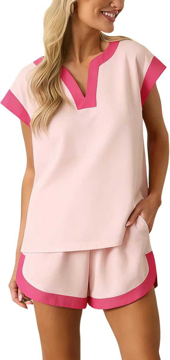 Gozoloma Women's V-Neck Color Block Short Set Short Sleeve T-Shirt and Shorts with Pockets Casual... | Amazon (US)