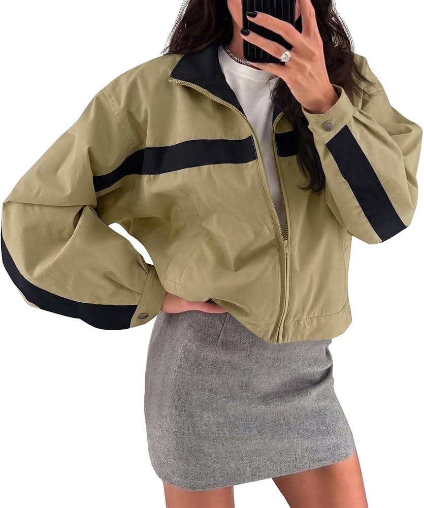 Fisoew Womens Cropped Zip Up Jacket Lightweight Windbreaker Casual Coat | Amazon (US)