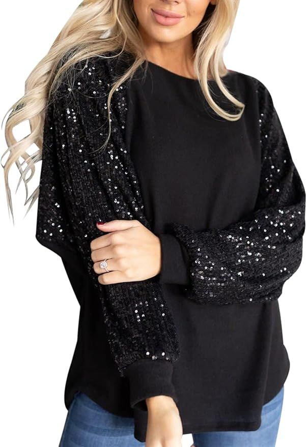 itnpbwus Women Loose Sequin Glitter Long Puff Sleeve Shirts Casual Patchwork Blouse Top | Amazon (US)
