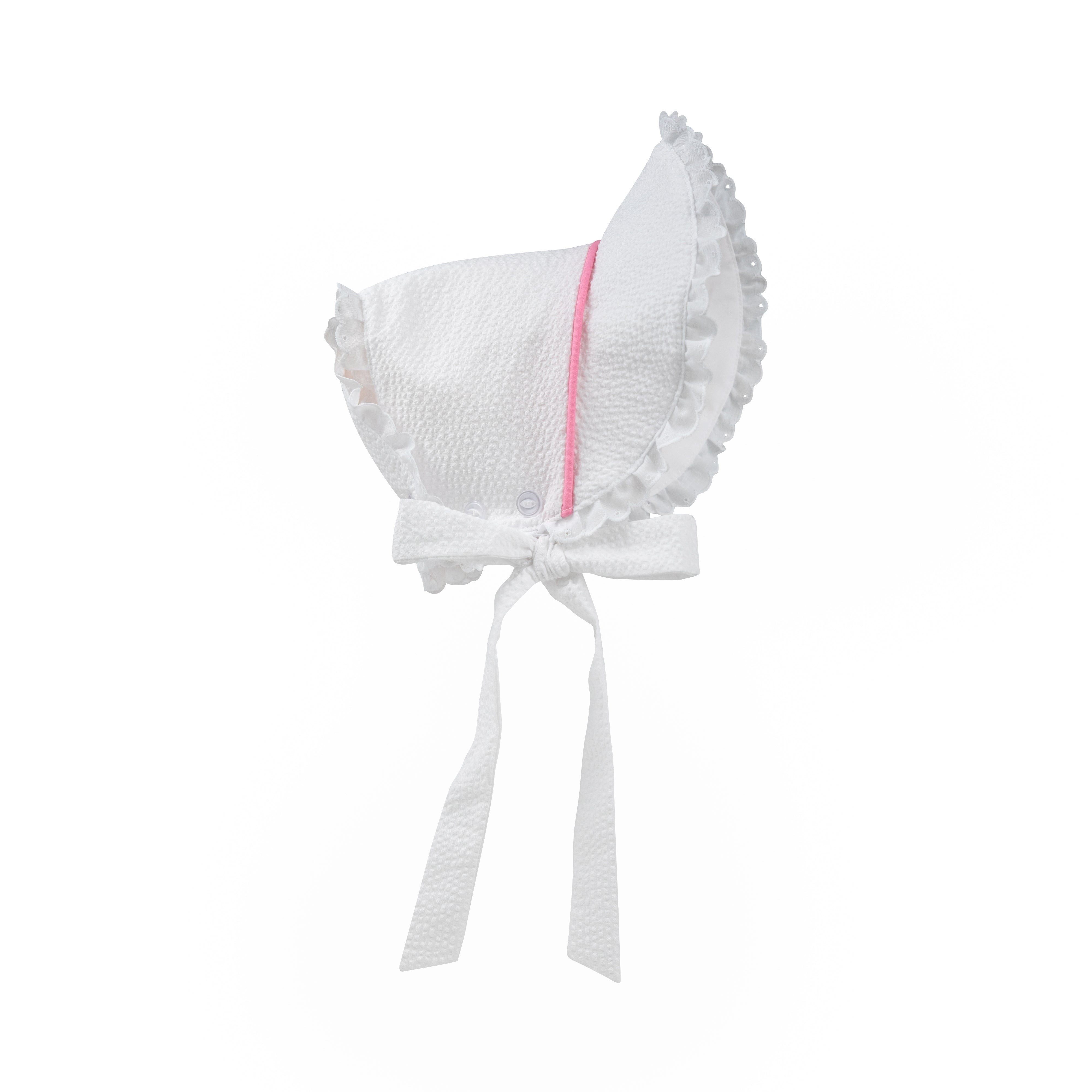 Catesby Country Club Bonnet - Worth Ave White Seersucker with Hamptons Hot Pink & White Eyelet | The Beaufort Bonnet Company
