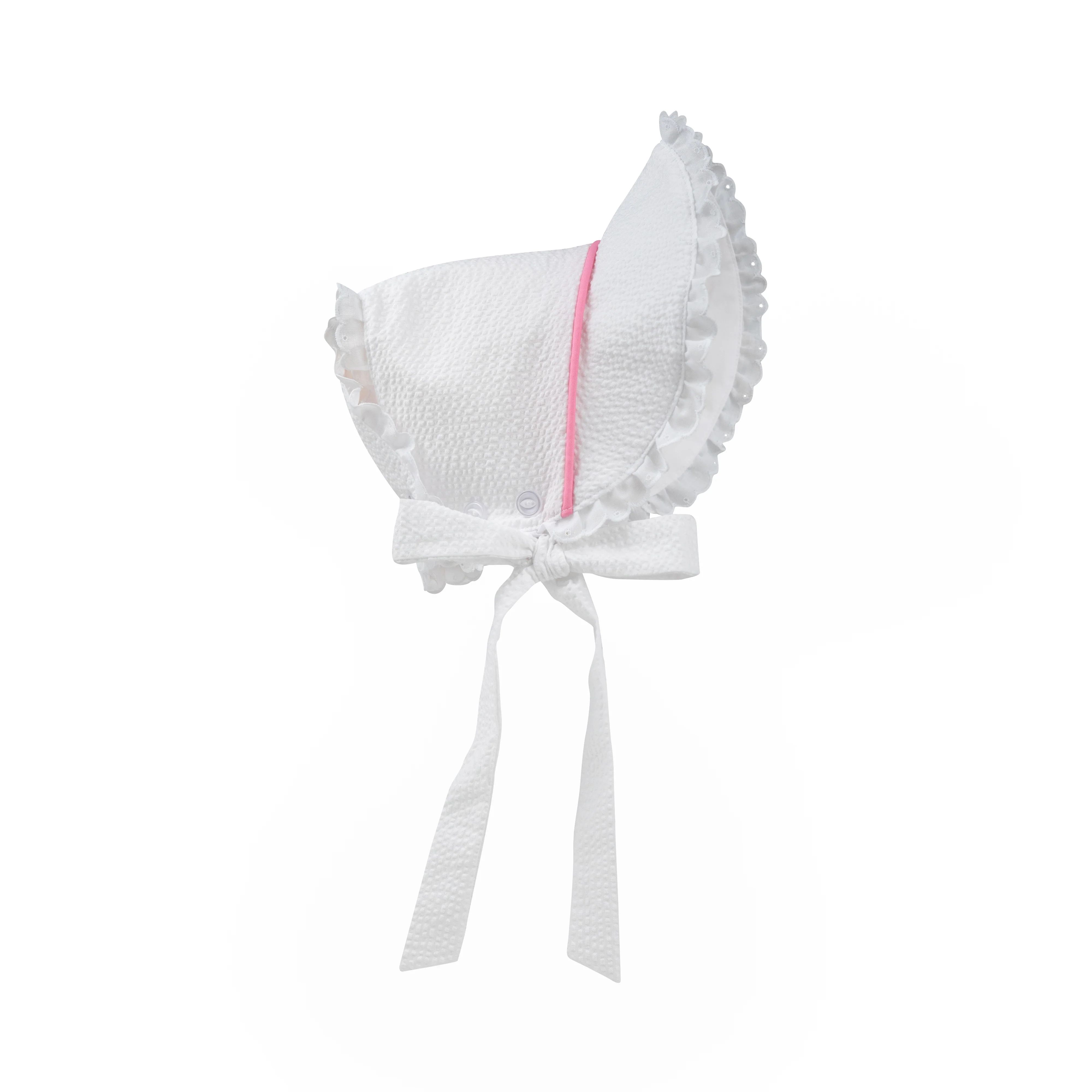 Catesby Country Club Bonnet - Worth Ave White Seersucker with Hamptons Hot Pink & White Eyelet | The Beaufort Bonnet Company