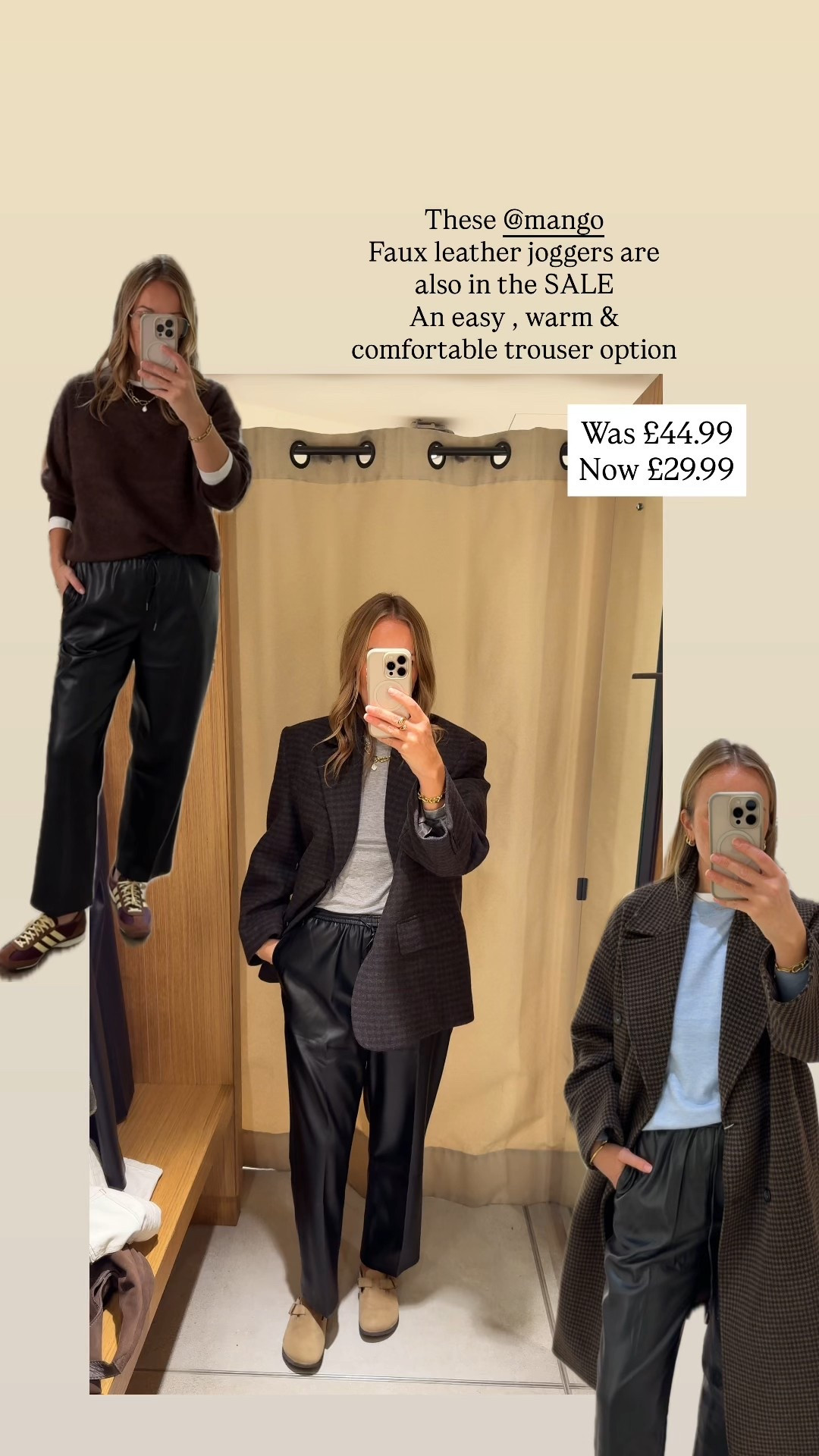 These mango faux leather joggers are also in the sale 
A comfortable option that’s warm and offers something a little different.  Super easy to wear with knitwear and sweatshirts and a great texture to introduce. 
I’m wearing the large here. 

Layered with some Mango textured wool coats /blazers - exact products are linked below and then some similar 

#ad 

#LTKwinter #LTKsale #LTKCyberWeek