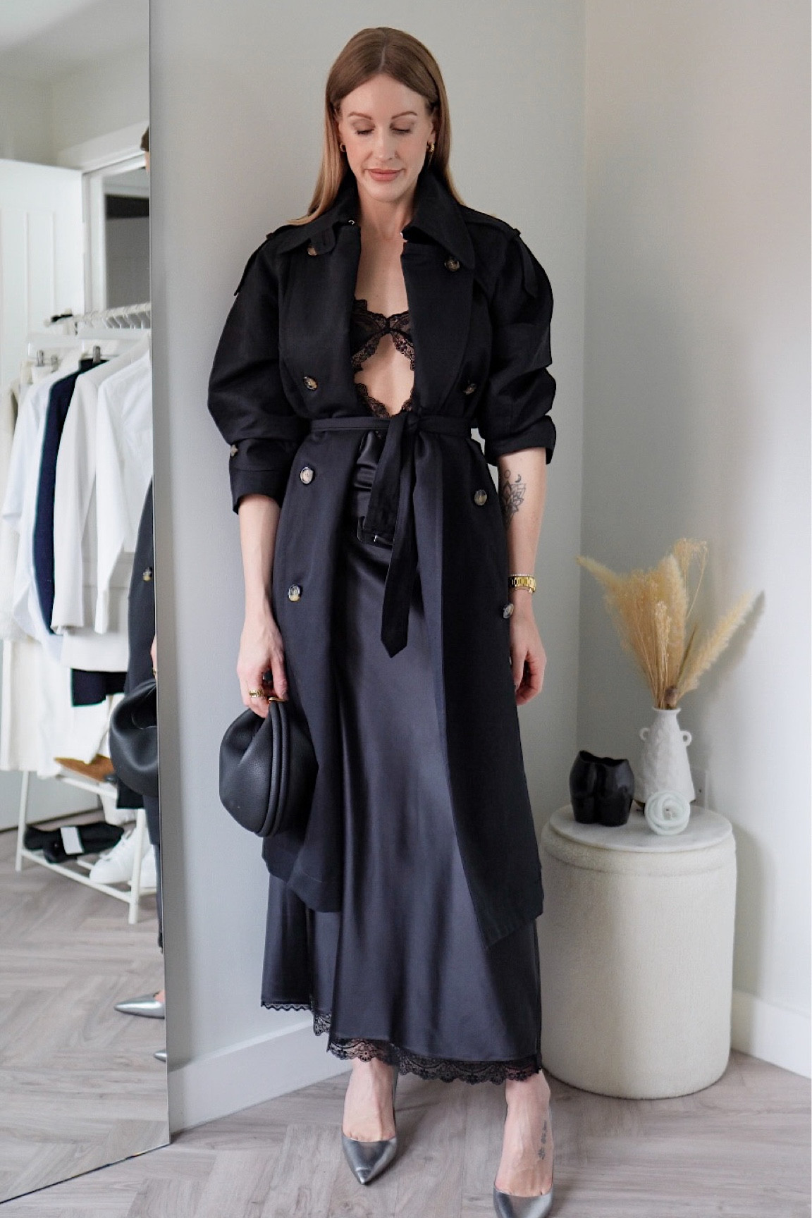 Black trench coat outfits - wear yours with a slip dress for a date night evening outfit #slipdress #trenchcoat #blackoutfit 

#LTKSeasonal #LTKstyletip #LTKFind