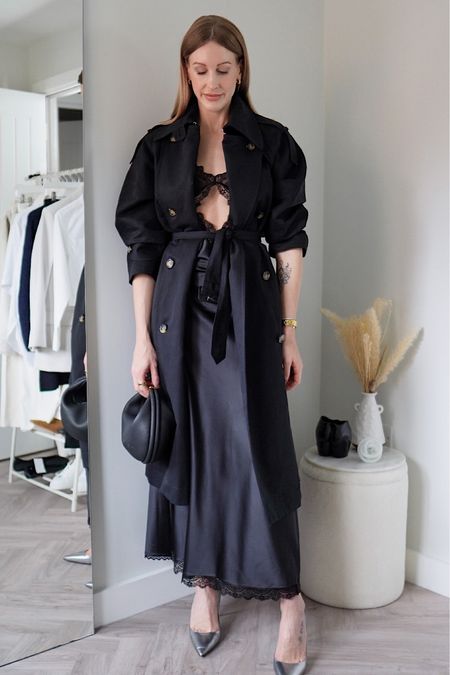 Black trench coat outfits - wear yours with a slip dress for a date night evening outfit #slipdress #trenchcoat #blackoutfit 

#LTKSeasonal #LTKstyletip #LTKFind