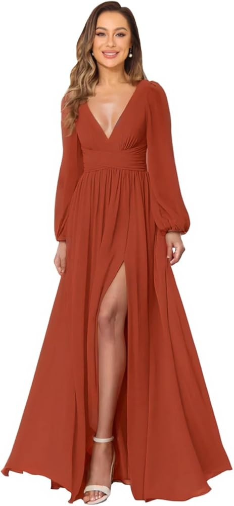Long Sleeves Chiffon Bridesmaid Dresses with Slit for Women V Neck Prom Formal Evening Gowns | Amazon (US)