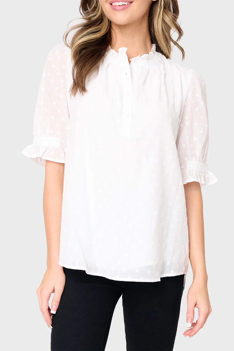 Dianthus Henley Puff Sleeve Sheer Dot Blouse | Gibson