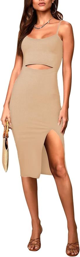 Pink Queen Women's Summer Spaghetti Strap Cutout Side Slit Ribbed Knee Length Bodycon Midi Dress | Amazon (US)