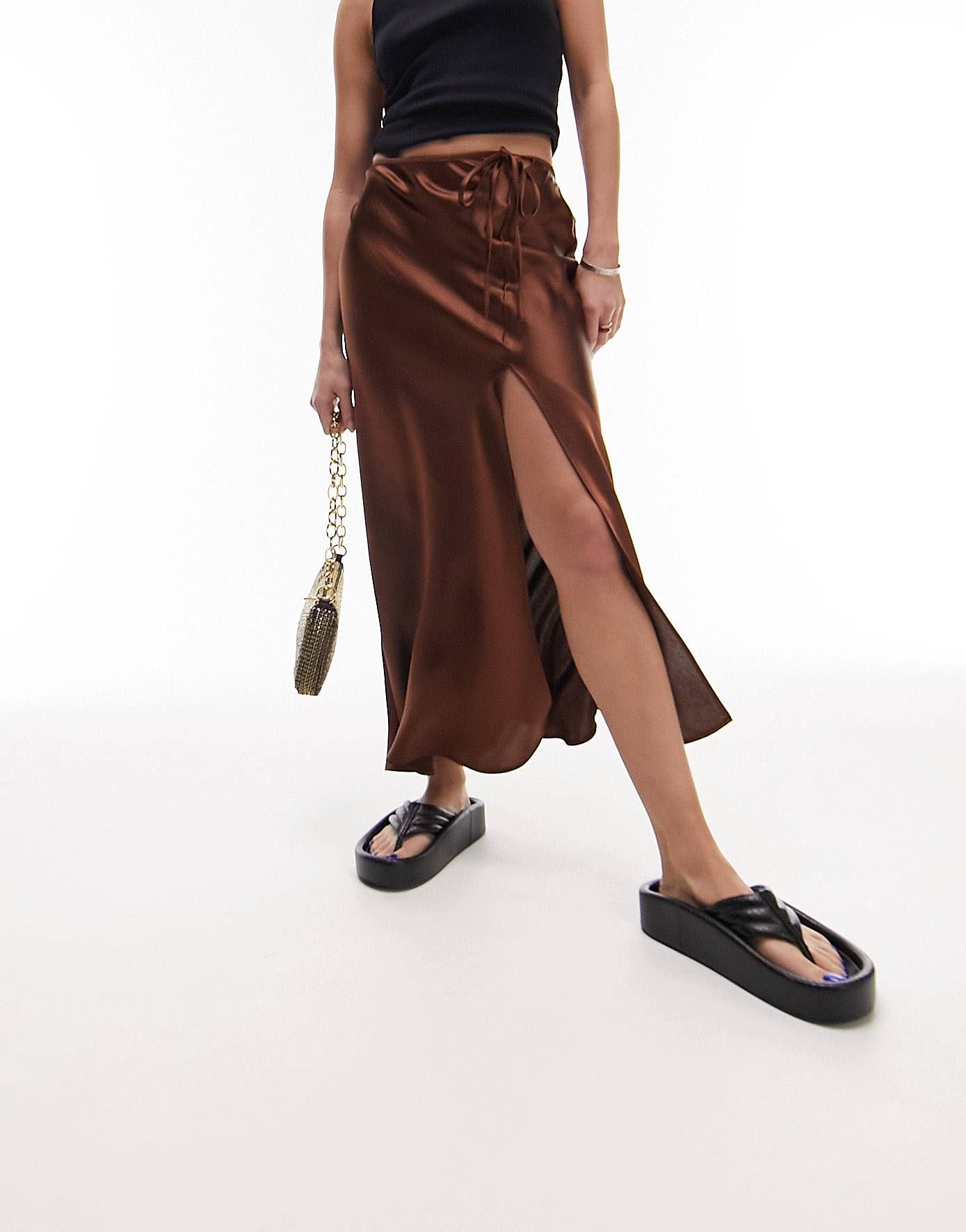 Topshop split tie bias midi skirt in chocolate | ASOS (Global)