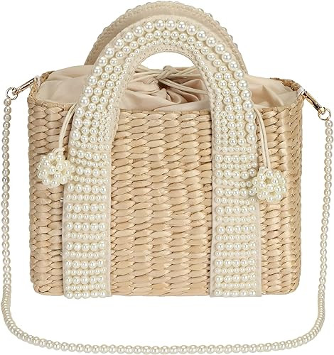 FUSMIC Women's Handbag Straw Handmade Artificial Pearl Rattan Weave Tote Shoulder Bag | Amazon (US)