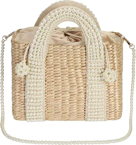 Faux Pearl Handle Straw Bag-Small, Women's Bags
