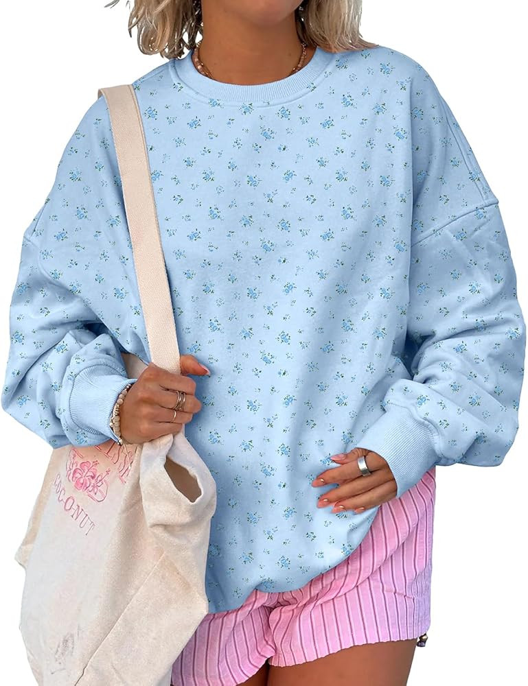 Cioatin Women Oversized Ditsy Floral Crewneck Sweatshirt Lightweight Fleece Drop Shoulder Pullove... | Amazon (US)