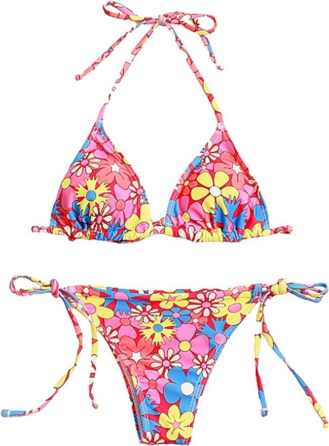 SOLY HUX Women's Floral Print Halter Triangle Tie Side Bikini Set Two Piece Swimsuits | Amazon (US)