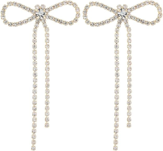 Bow Tie Ribbon Drop Dangle Earrings for Women – Embellished with Rhinestone Crystals – Silver... | Amazon (US)