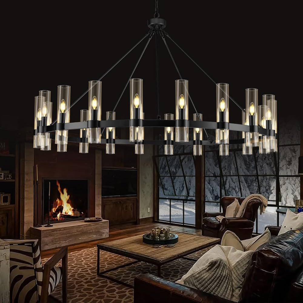 Black Wagon Wheel Chandelier, 60 Inch Chandeliers with Glass Shade, 20-Light Large Chandelier for... | Amazon (US)