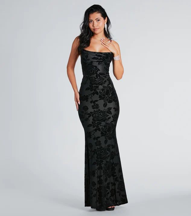 Ally Formal Velvet Burnout Lace-Up Mermaid Dress | Windsor Stores