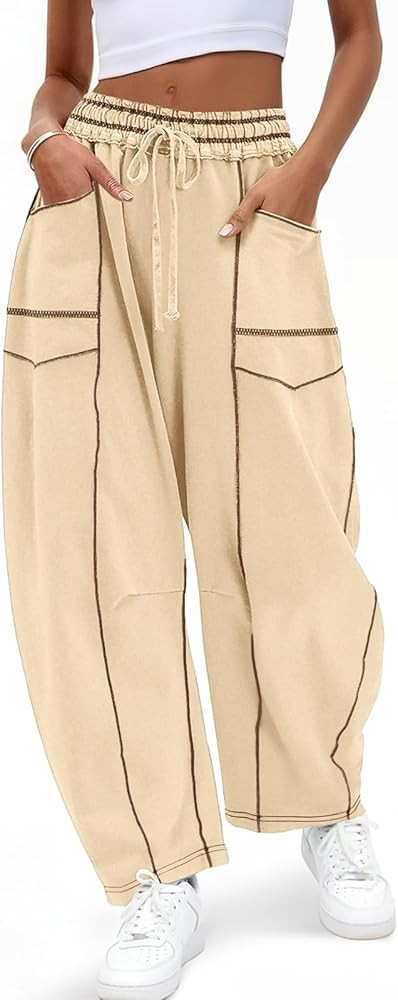 Aoysky Womens Baggy Wide Leg Pants Barrel Casual Drawstring Elastic Waist Contrast Stitch Workout... | Amazon (US)