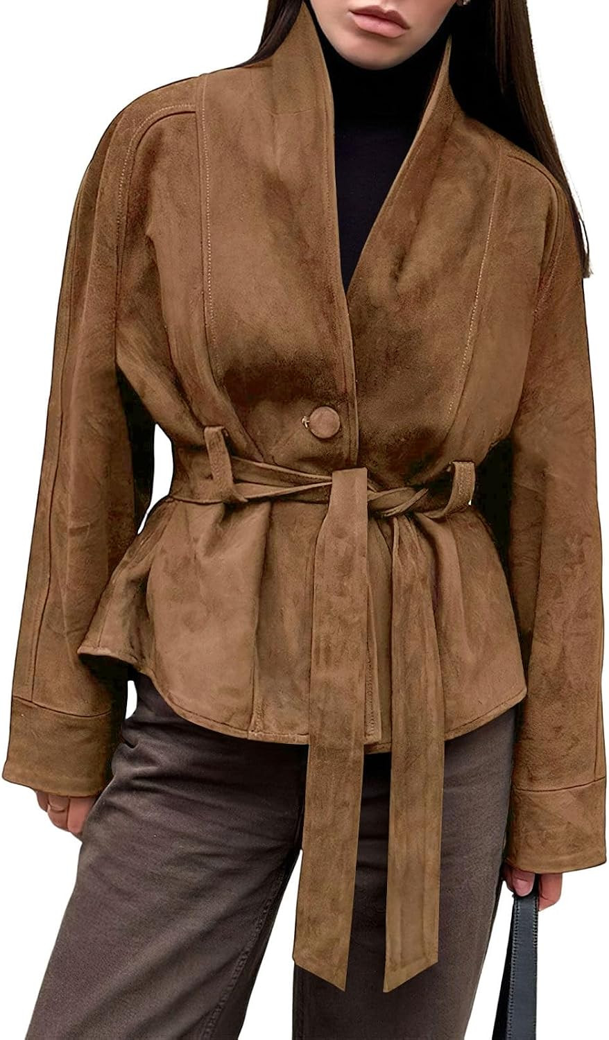 ebossy Women's Faux Suede Short Trench Coats Belted Notch Lapel Jackets | Amazon (US)