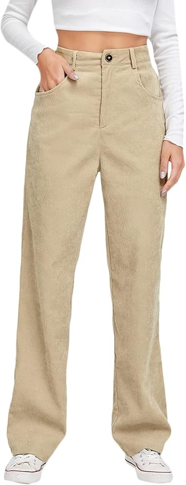 Floerns Women's Casual High Waisted Straight Leg Pocket Corduroy Pants | Amazon (US)