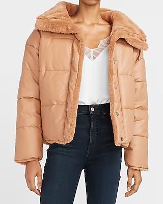 Reversible Faux Leather & Faux Fur Puffer Coat Brown Women's M | Express