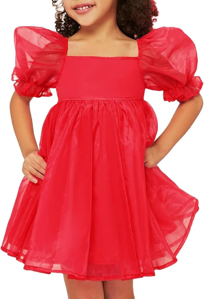 WDIRARA Toddler Girl's Mesh Tulle Dress Square Neck Puff Short Sleeve Ruffle Hem Birthday Party C... | Amazon (US)