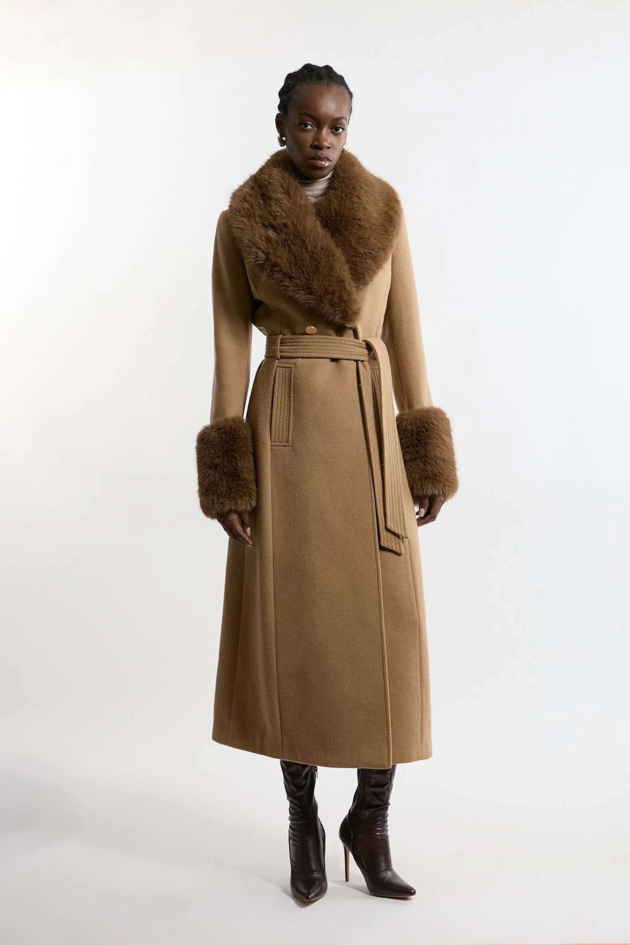 Tall Wool Blend Detachable Faux Fur Belted Midi Coat | Karen Millen US