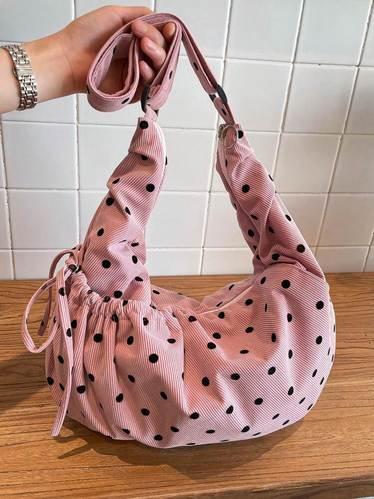 Cute Polka Dot Corduroy Shoulder Bag, Fashionable Pleated Bow Zipper Closure Crossbody Bag, School/College/Casual Wear, Lightweight & Foldable , Polka Dot | SHEIN