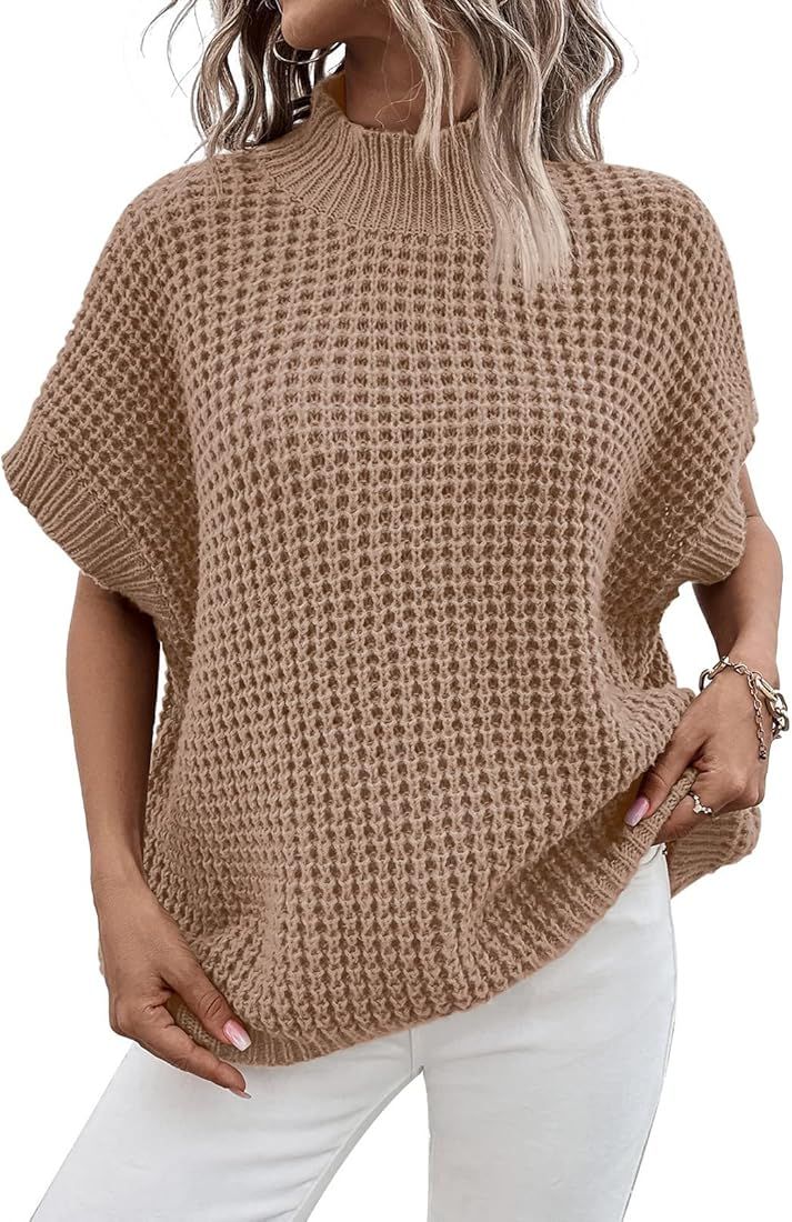 Womens Oversized Short Batwing Sleeve Mock Neck Sweater Vest Fall Sleeveless Pullover Knit Sweate... | Amazon (US)
