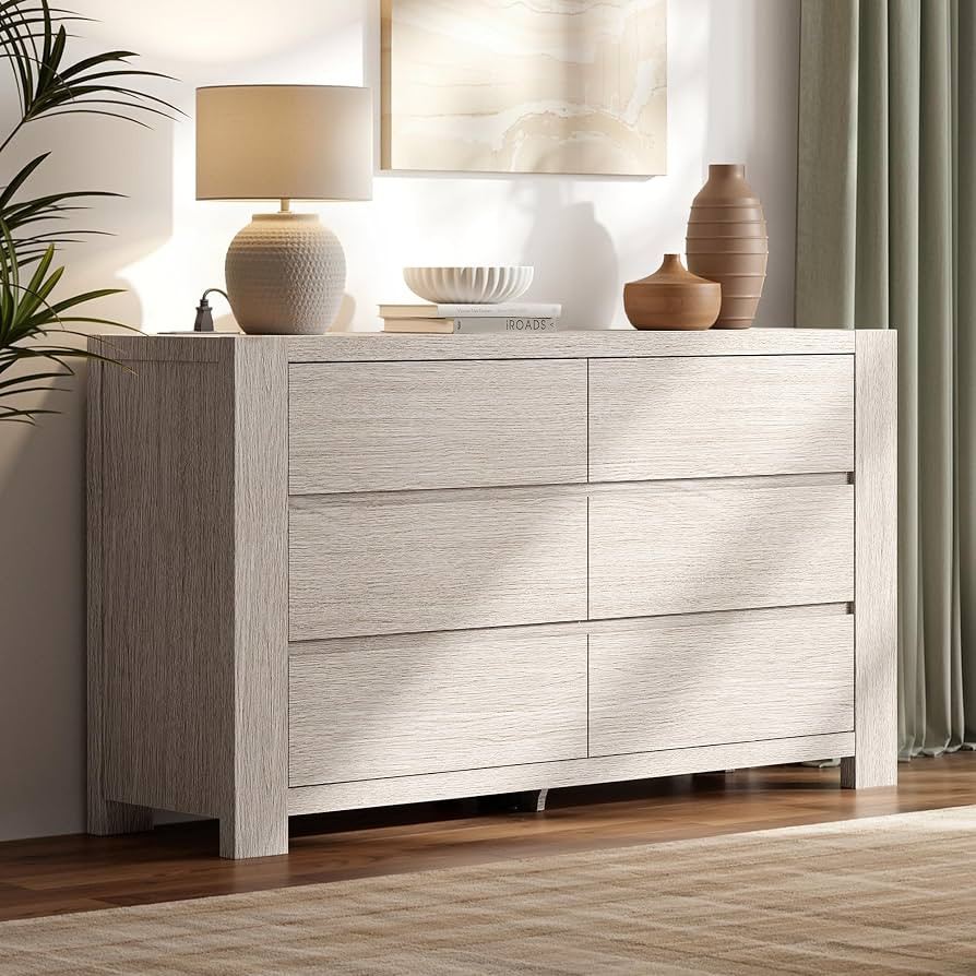 ModernMate 6 Drawers Dresser for Bedroom, 55'' Modern White Oak Gray Chest of Drawers with Chargi... | Amazon (US)