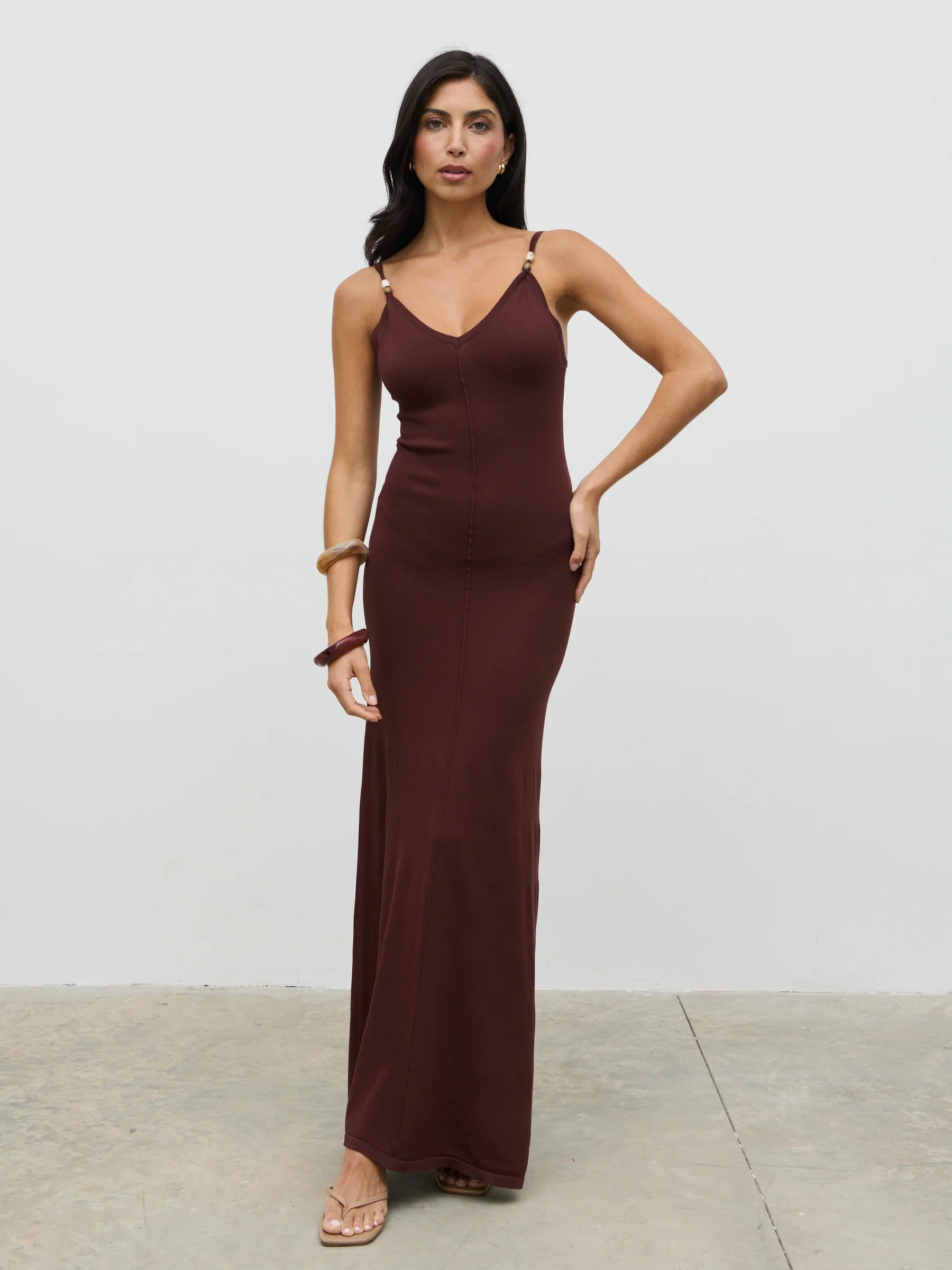 Connie Beaded V Neck Knit Maxi Dress - Brown | Pretty Lavish (UK)
