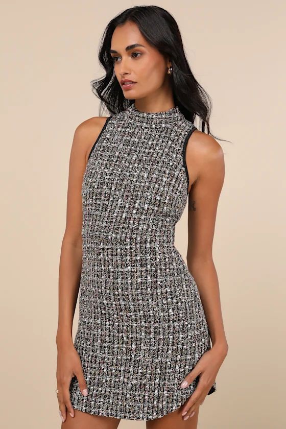 Glittery Poise Black Multi Tweed Sleeveless Mini Dress | Work Wear Style | Work Dress | Lulus