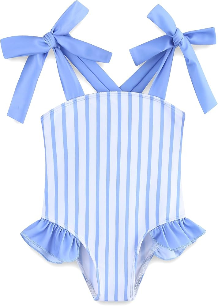 Girls' Beach Sport Halter One Piece Swimsuit Bow Strap Bikini Baby Bathing Suit Girl 9-12 Months Blue Stripe | Amazon (US)