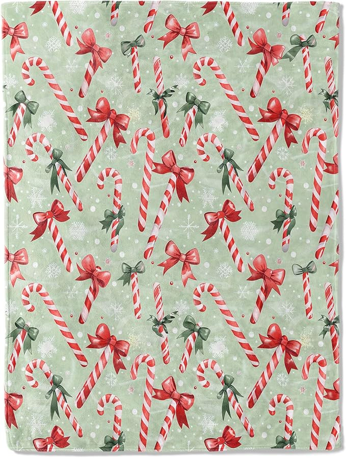 Candy Cane Throw Blanket- Ultra Soft,Fleece,Lightweight,Tocking,Holly Leaf with Red Bows Snowy Gr... | Amazon (US)