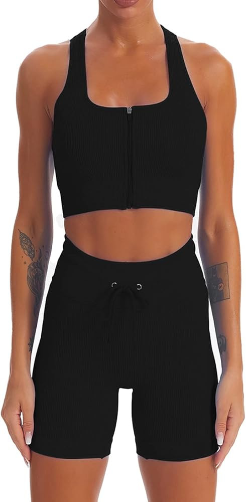 SVVINN Workout Outfits for Women 2 piece Yoga Sets Seamless Ribbed High Waist Shorts with Sports ... | Amazon (US)