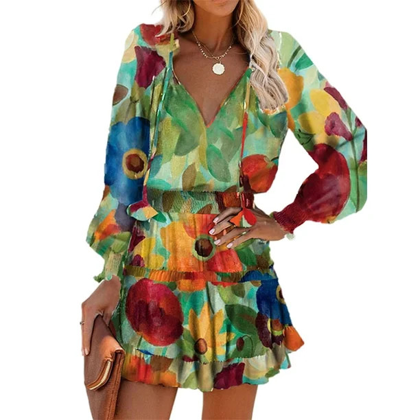 Sexy Dance Women V Neck Long Sleeve Ruffle Mini Short Dress Spring Autumn Winter Floral Boho Ball... | Walmart (US)