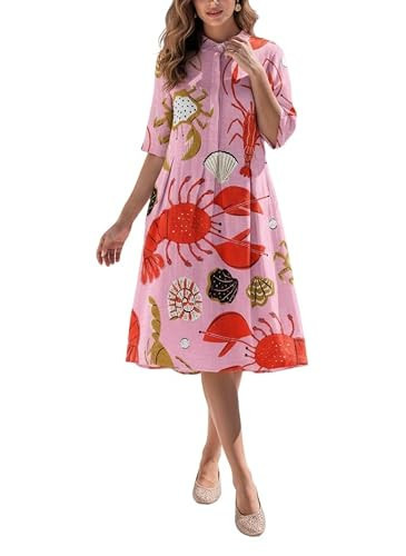 Women's Lobster & Seashell Print Linen Midi Shirt Dress Summer Cute Graphic Half Sleeve Casual Beach Vacation Dress Travel & Daily Wear | Amazon (US)