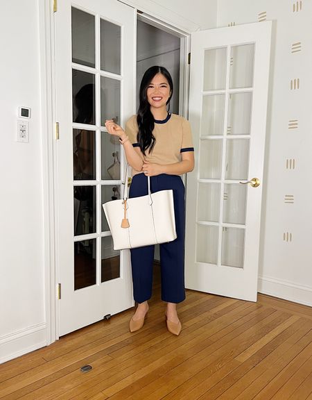 Beige short sleeve top (XS)
Navy pants (4P)
Navy wide leg pants
White tote bag
Tory Burch Perry tote bag
Brown mule pumps (TTS)
Spring work outfit
Business casual outfit
Ann Taylor
Amazon fashion

#LTKworkwear #LTKSeasonal #LTKunder100