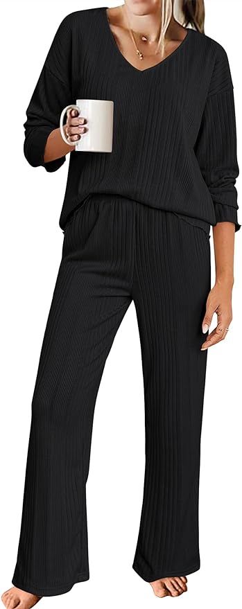 Ekouaer Womens Ribbed Knit Pajamas Set V Neck Long Sleeve Pj Set Matching Outfits Top and Pant Lo... | Amazon (US)