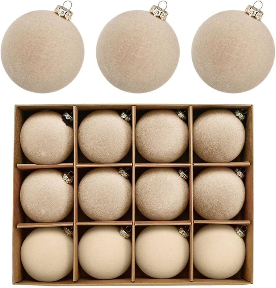 12 Pcs Velvet Christmas Balls, 2.36 Inch Flocked Christmas Tree Ball Hanging Ornaments, Christmas Velvet Balls, Plastic Xmas Balls Ornaments for Christmas Xmas Party Wedding Home Decor (Beige) | Amazon (US)