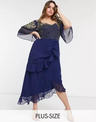 Virgos Lounge Plus embellished midi dress with flutter sleeve and ruffle skirt in navy | ASOS (Global)