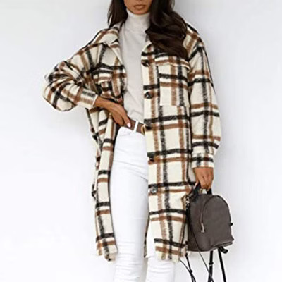 Women's Long Sleeve Checkered Tweed Coat with Button Down Collar Casual Open Front Outerwear with Pockets Brown L | Target